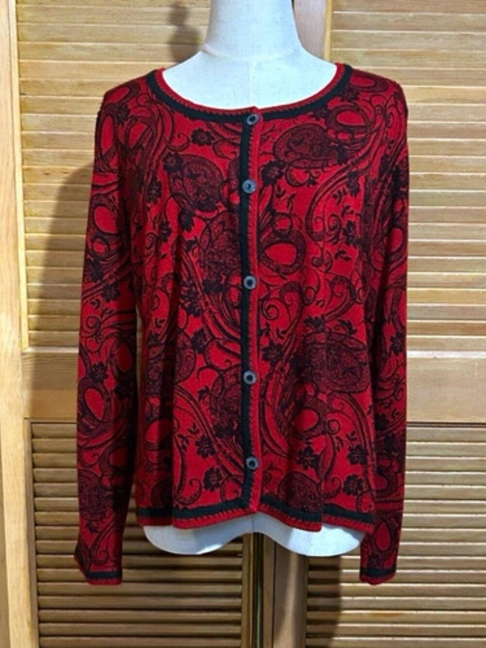 Christopher & Banks Red Black Beaded Sequin Knit Button Crew Neck Cardigan 2X